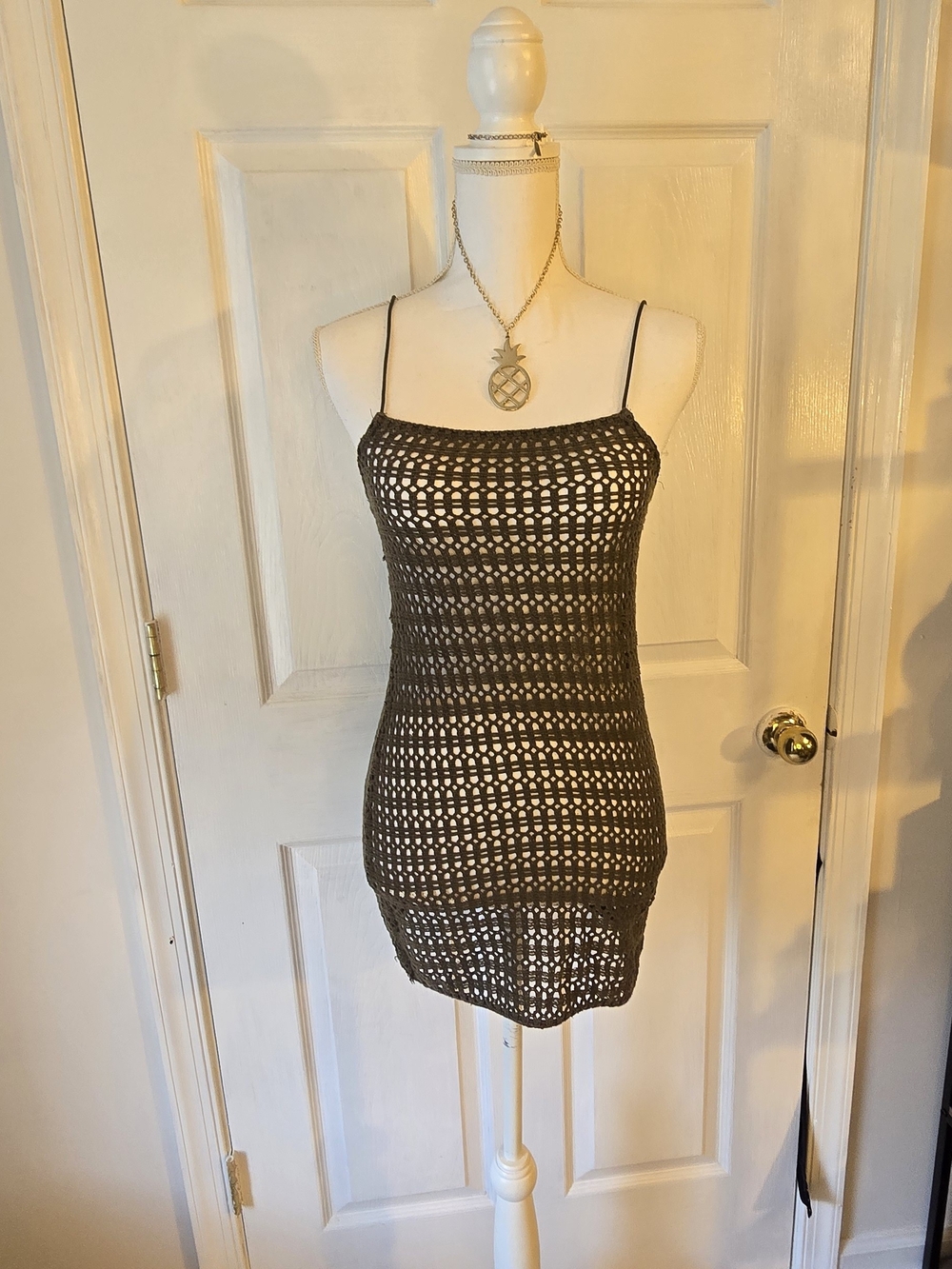 Women’s Olive Crochet Tank Dress - Sleeveless Spaghetti Strap Small